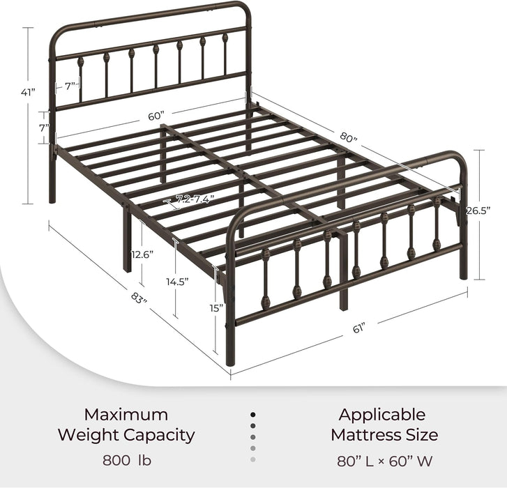 Queen Metal Platform Bed Frame, Victorian Headboard & Footboard