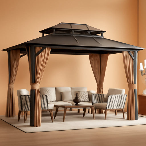 12'X10' Hardtop Gazebo, Aluminum Permanent Pavilion with Polycarbonate Double Roof, Removable Curtains & Mosquito Netting for Patio, Garden, Lawn, Upgrade Your Outdoors (Brown, 12'X10')