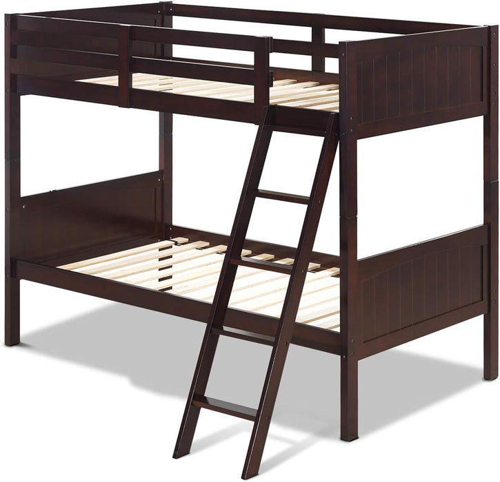 Wood Twin over Twin Bunk Beds Convertible 2 Individual Twin Beds for Kids Children, Solid Rubberwood Bunk Bed with Ladder and Safety Rail (Espresso)