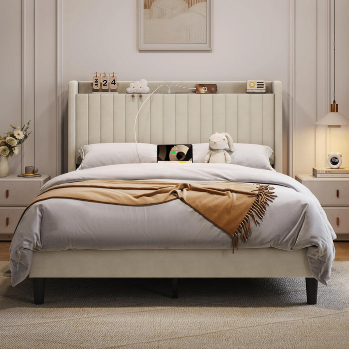 Queen Bed Frame with USB Charging Station and Storage Shelf/Upholstered Headboard Platform Bed with Wing Side/Wooden Slats Support/Noise Free/No Box Spring Needed/Easy Assembly, Cool Beige