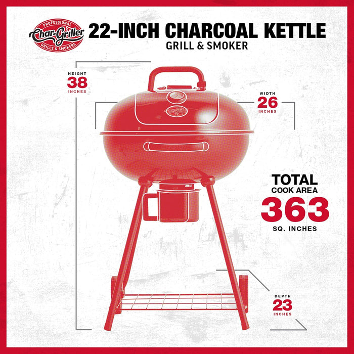 CG30040725 22-Inch Kettle Charcoal Grill and Smoker - Steel, Black - 363 Sq. In. Cooking Area