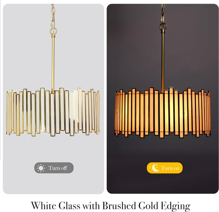 Gold Drum Chandelier 4-Light, Modern Drum Pendant Lighting Fixture with Tiffany Glass Shade, 16” round Ceiling Hanging Light for Bedroom Dining Room Kitchen Entryway Living Room (Gold)