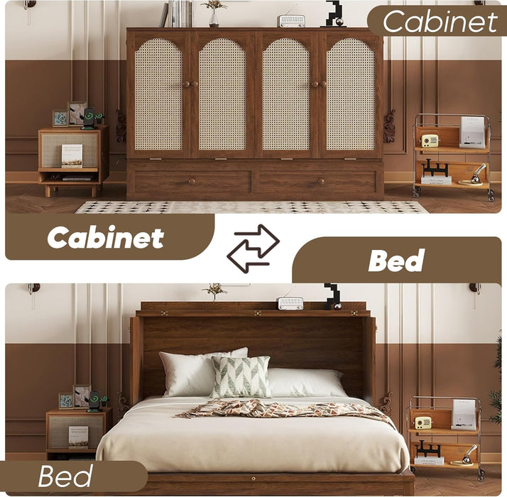 Queen Murphy Bed Chest with Charging Station & Large Drawers, Wooden Cube Cabinet Bed with Foldable Bedframe for Apartment Living Room Bedroom(Mattress Not Included) Walnut