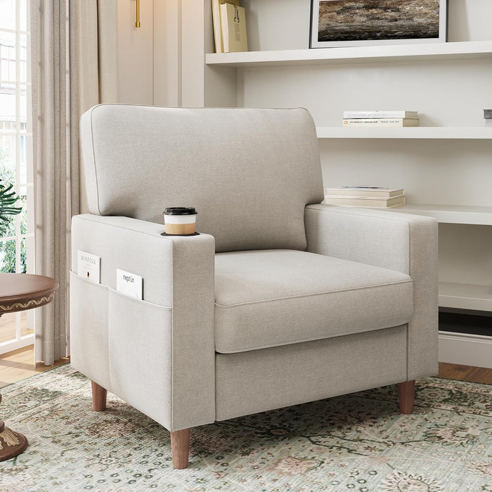 Oversized Mid Century Armchair Cupholder Beige Upholstered