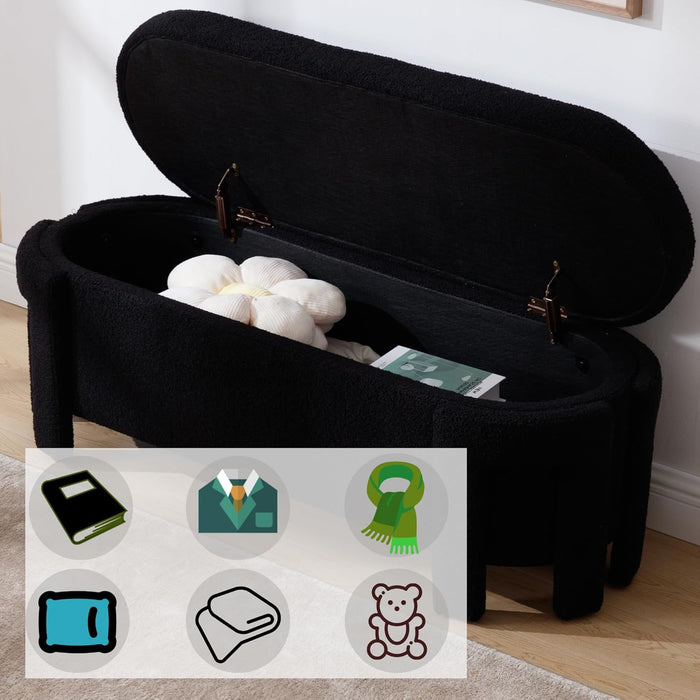 50" Ottoman Storage Bench, Modern End of Bed Bench with Upholstered Seating, Comfy Cute Oval Entryway Bench for Living Room/Bedroom/Entrance/Hallway, Sherpa Black