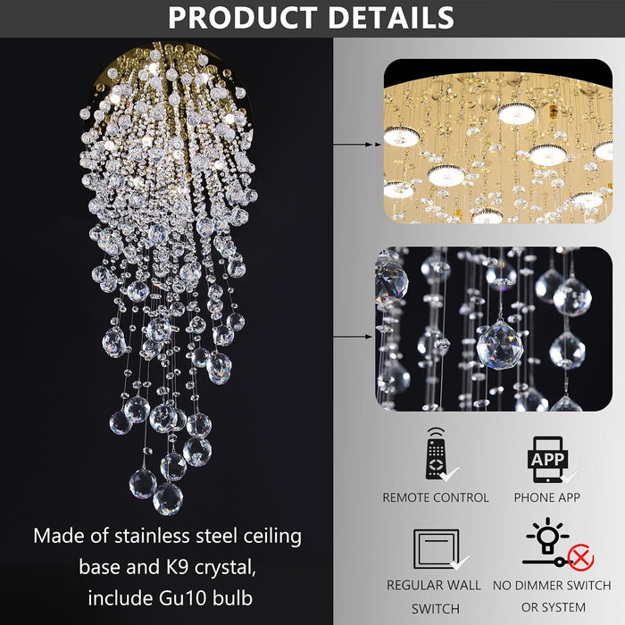 98'' Modern Crystal Chandelier for Entryway Raindrop Chandeliers LED Dimmable High Ceiling Flush Mount Light Fixtures for Staircaes Hallway Foyer Living Room LED Bulbs Included Gold