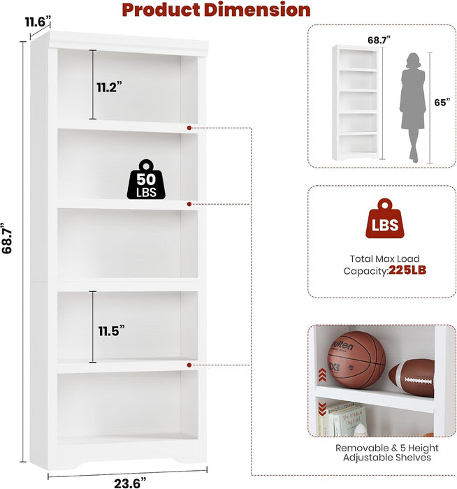 5-Tier Farmhouse Bookshelf, 69" Open Bookcase, Adjustable Shelf, White | Tall Storage Shelf Rack, 23.6"W Wooden Floor Standing Storage Organizer for Living Room, Home Office & Study, Anti-Tip