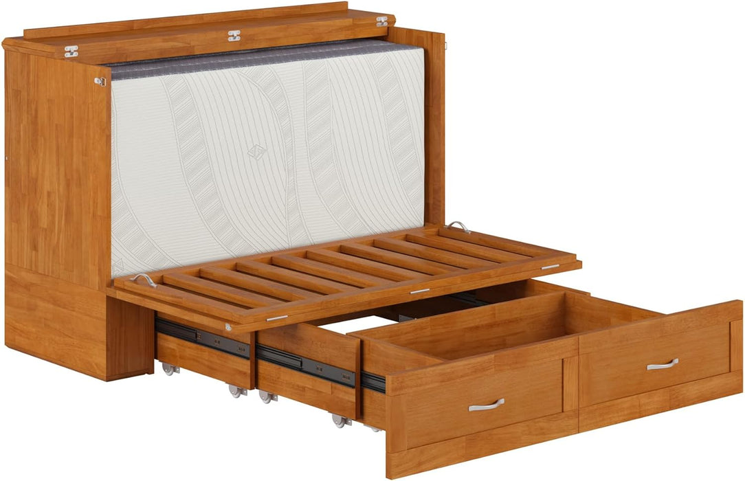 Hamilton Full Murphy Bed Chest with Mattress, Storage, and Built-In Charger in Light Toffee