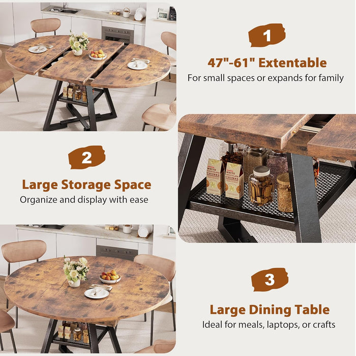 61'' Extendable Dining Table for 4 6 8, round Dining Room Table with Removable Leaf & Storage Shelf, Expandable Oval Kitchen Table with Pedestal Base, Modern Industrial Space Saving（Vintage）