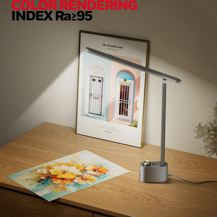Upgraded LED Desk Lamp - H01 Pro Sunturalux™ Foldable Desk Light with USB A+C Charging Port, 3 Color Modes Dimmable Table Lamp for Home Office Reading(Grey)