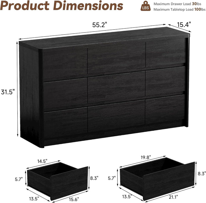 Black Dresser for Bedroom, 55" Wide Mid Century Modern Chest of Drawers with 9 Large Storage Space and Curved Edge Design, 9 Drawer Large Dresser for Bedroom