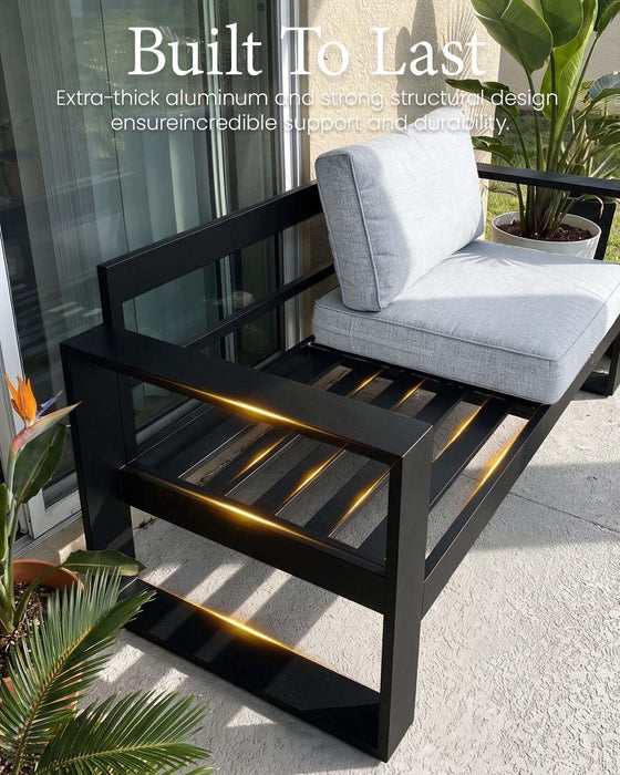 5 Pieces Aluminum Outdoor Patio Furniture Set, Metal Modern Conversation Sofa Set with Fire Pit Table and Washable Thick Cushions for Porch, Backyard, Deck