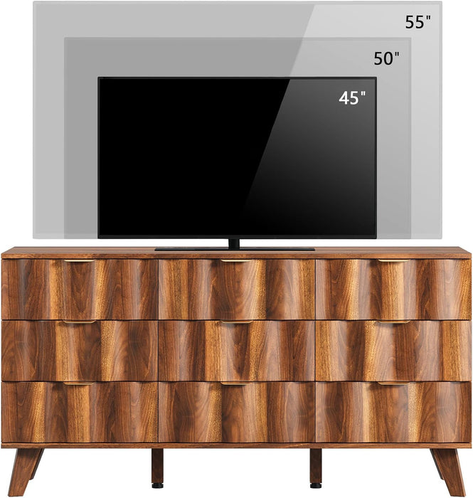 Contemporary Walnut 9 Drawer Dresser Fluted Fronts