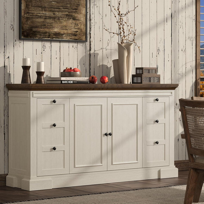 Sideboard Buffet Cabinet with Storage, 63" Large Credenza Kitchen Storage Cabinets with Drawer and Door, Wood Coffee Bar Table with Adjustable Shelf for Living Room, Kitchen, American Retro, off White