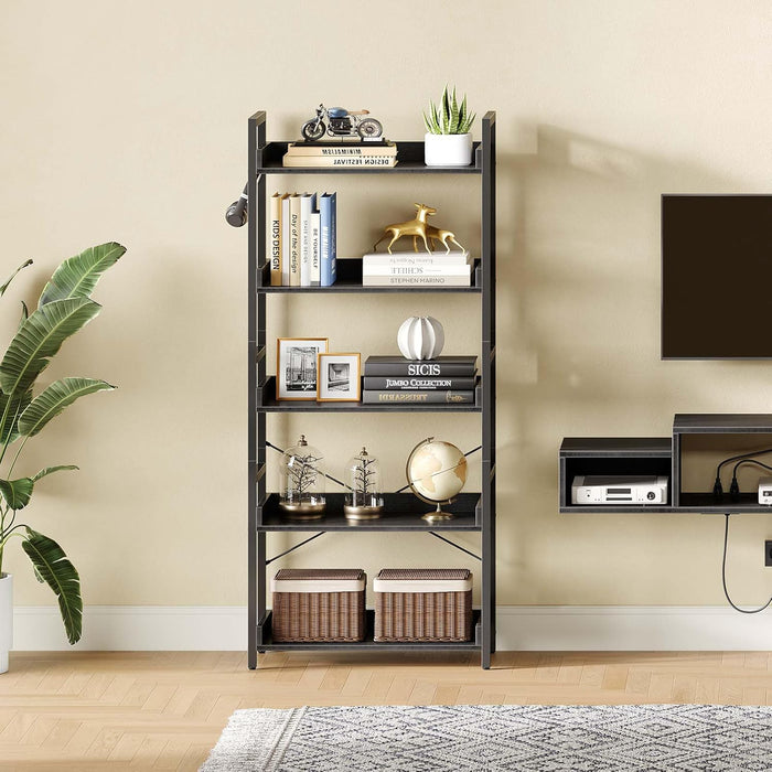 Black Five Tier Bookshelf With Hooks IndustrialWood