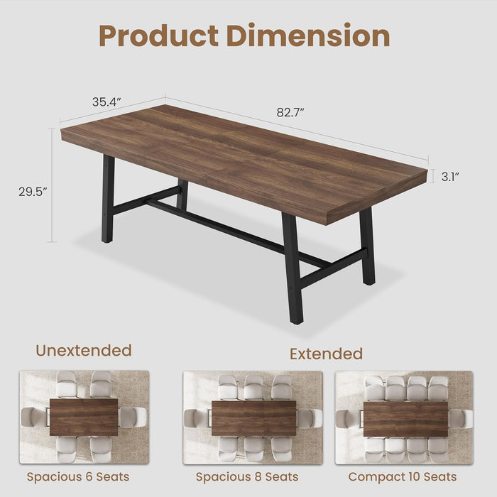 63-83" Extendable Dining Table, Industrial Rectangular Dining Room Table for 6-8 People, Expandable Kitchen Table with Heavy Duty Metal Frame for Dining Room, Kitchen & Parties, Brown