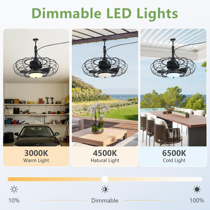 20" Black Outdoor Ceiling Fan with Light and Remote/App,3Cct 6 Speed Gazebo Fan Outdoor Hanging Hook,Ip65 Waterproof Plug in Ceiling Fan for Patios, Garage, Porch, Pergola,Canopy