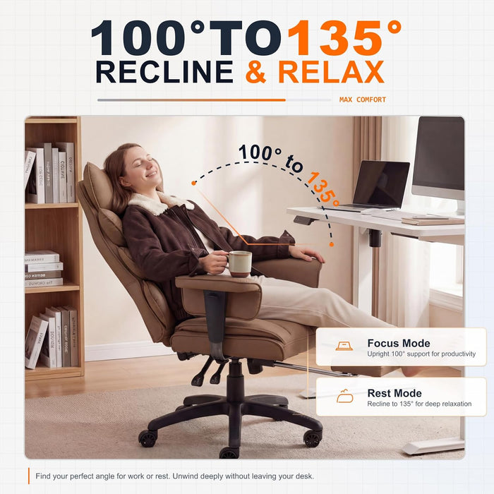 Big and Tall Office Chair with Pocket Spring Cushion,High Back Computer Gaming Chairs with Adjustable Armrests,Executive Desk Chairs with Lumbar Support and Footrest,Pu-Brown