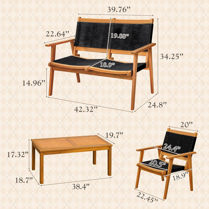 4 Pieces Acacia Wood Patio Conversation Sets, Patio Furniture Set with Hand Woven Rope Seats and Back, Outdoor Chair and Table Set for 4 for Balcony, Backyard, Deck, Poolside