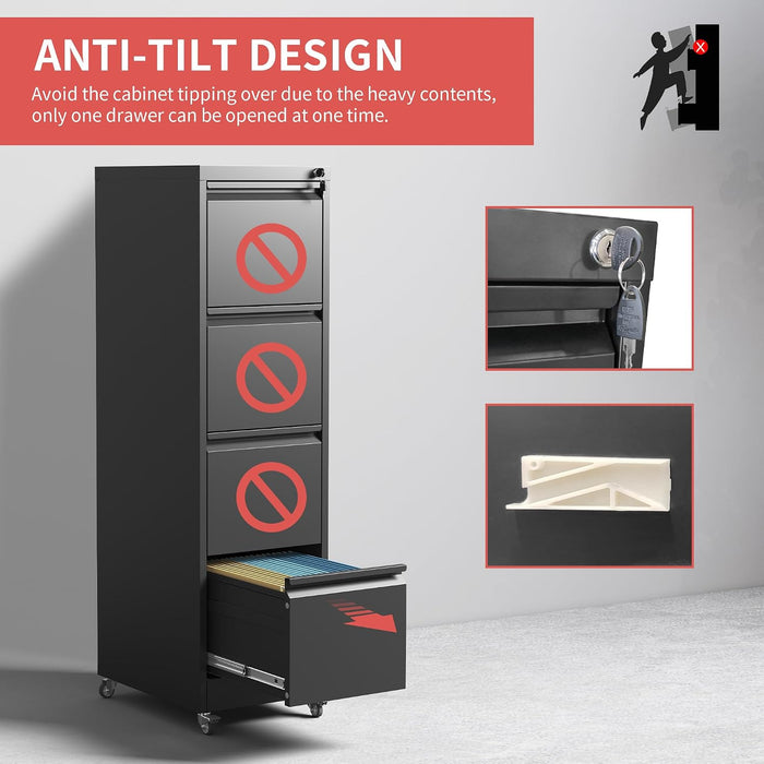 4 Drawer Mobile File Cabinet with Lock,Black Metal Filing Cabinets