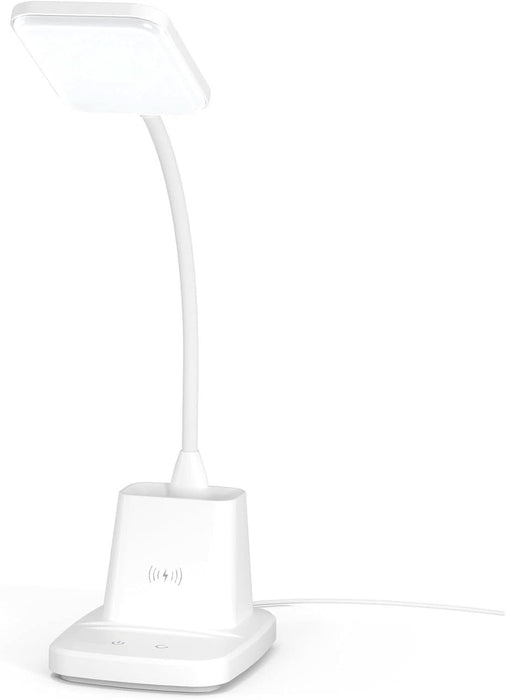 Upgraded LED Desk Lamp with Wireless Charger, White Small Desk Light with Pen Holder, 3 Color Modes, CRI 85, 800 Lumen, Study Lamps for College Dorm Room, Home Office, Adapter Included