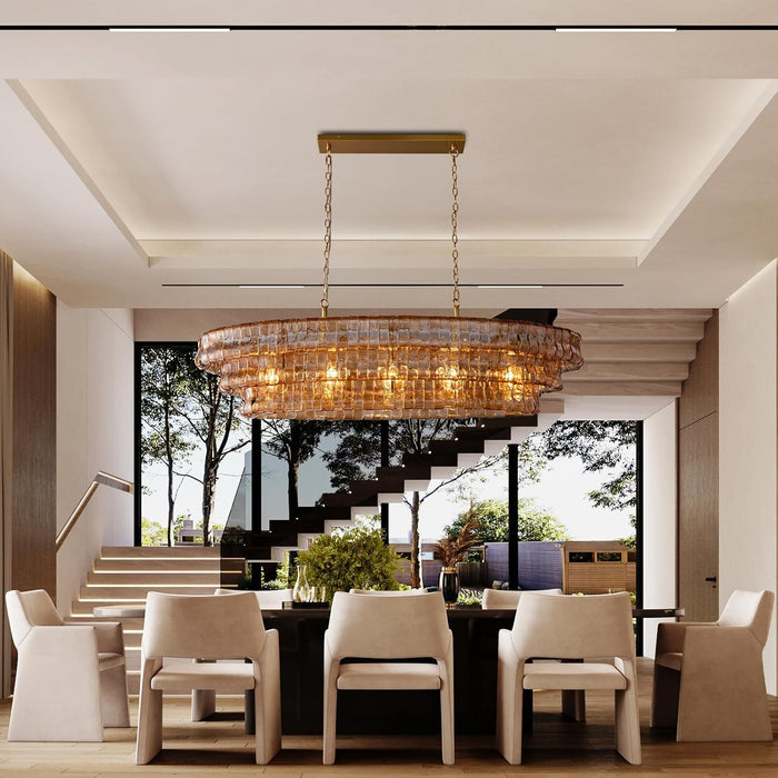 54" Smoked Gold Rectangular Drum Large Chandeliers for Dining Room, 5-Light Modern round Hanging Light Fixture for Kitchen Island, Living Room, Foyer