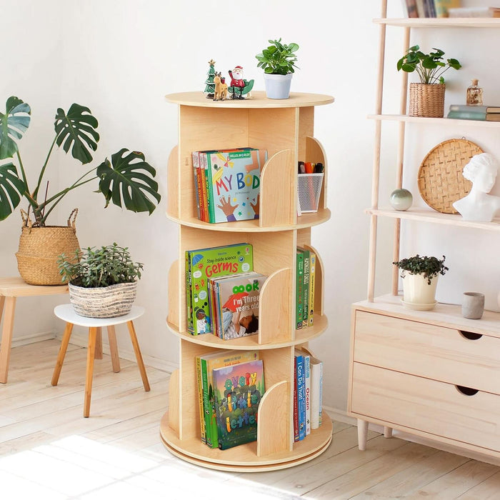 Kids Rotating Bookshelf, Small Corner Bookshelf for Small Space, 360° Display 3 Tier Floor Standing Bookcase Storage Rack, Wooden Narrow Bookcase Organizer for Bedroom, Living Room