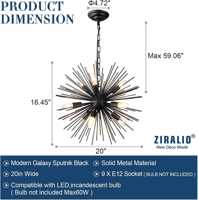 TwentyInch Black Sputnik Chandelier Luxurious Nine Light