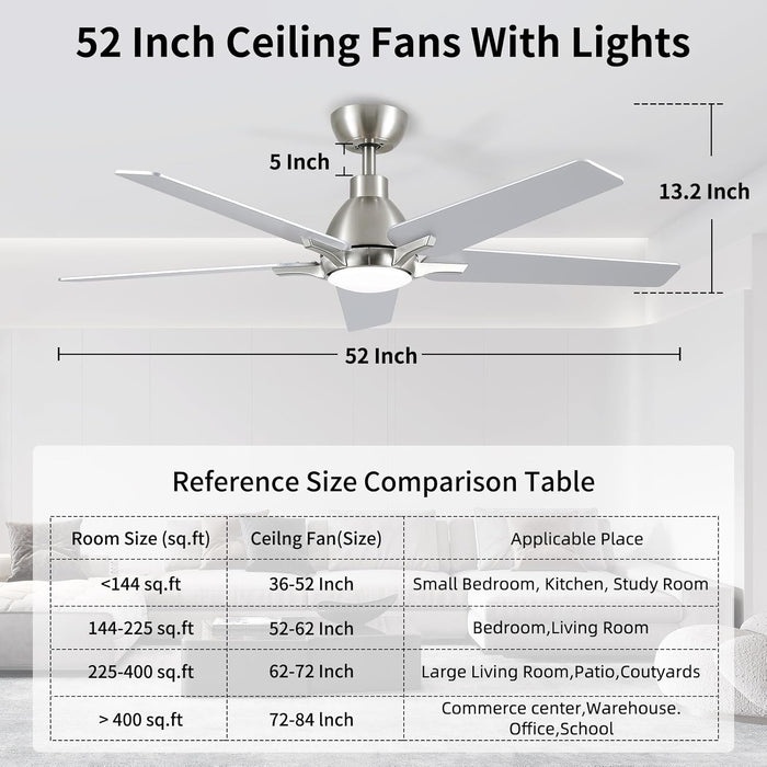 52 Inch Ceiling Fans with Lights and Remote, Brushed Nickel Modern Ceiling Fan for Bedroom, Living Room, Dining Room, Patio, 3CCT Dimmable 6 Speeds DC Quiet Reversible