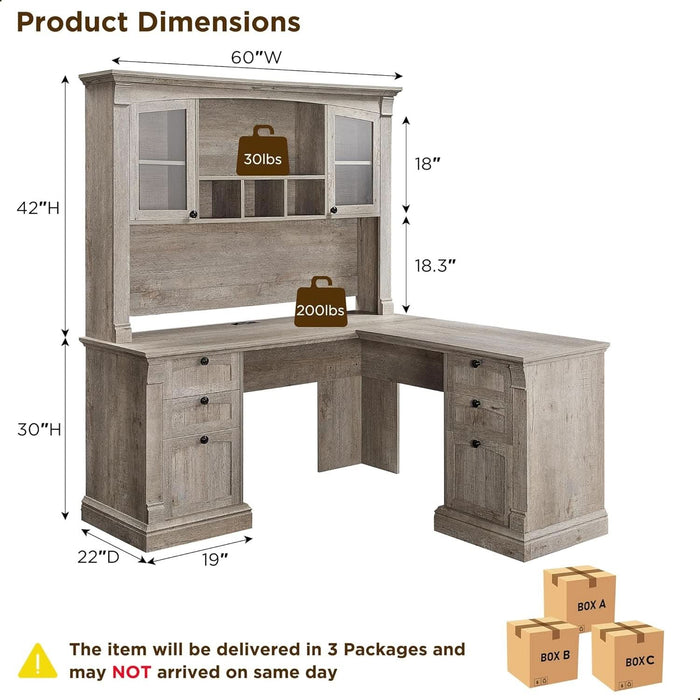 60-Inch L-Shaped Desk With Hutch LightRusticOakFinish