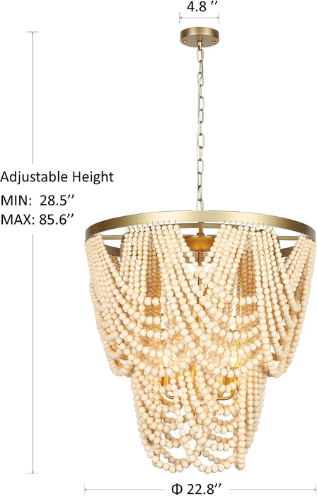 6 Light Contemporary Farmhouse Wooden Beaded Chandelier