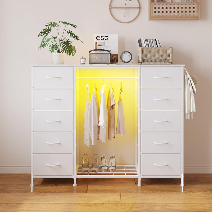 55"W Dresser with Hanging Rack,10 Fabric Drawers & Hooks for Bedroom