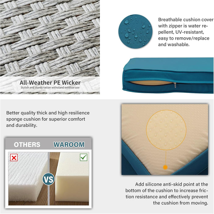 Patio Furniture Set 6 Piece Outdoor Patio Set Grey Wicker Balcony Furniture Conversation Sets PE Rattan Couch Sofa with Coffee Table, Peacock Blue Cushion