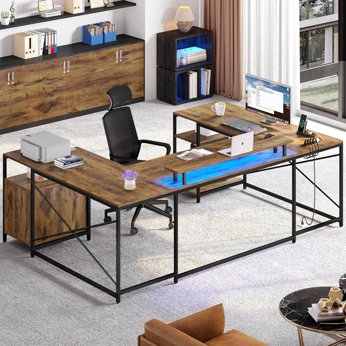 U Shaped Desk with Power Outlets & LED Lights, 79" Reversible L Shaped Desk with Drawers, Corner Computer Desk Office Desk with Monitor Stand & Storage Shelves, Rustic Brown