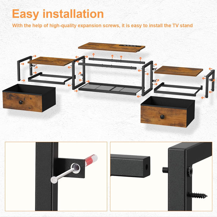 Floating TV Stand with Power Outlet 55", Wall Mounted Entertainment Center with LED Lights, Floating TV Shelf with Drawer, Wall Mounted Media Console Shelf for Living Room, Bedroom