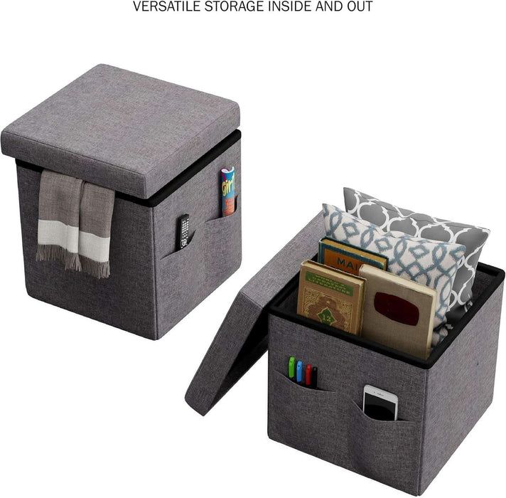 Set of 2 Ottomans with Storage Pockets - 15-Inch Folding Foot Rests or Storage Organizers for Bedroom, Living Room, or Dorm by  (Gray)