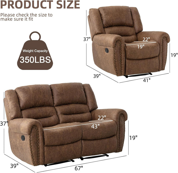 Manual Recliner Sofa Set, Faux Leather Reclining Living Room Set, Included Single Recliner Chair and Loveseat Manual Recliner Sofa, Brown(Recliner+ Loveseat)
