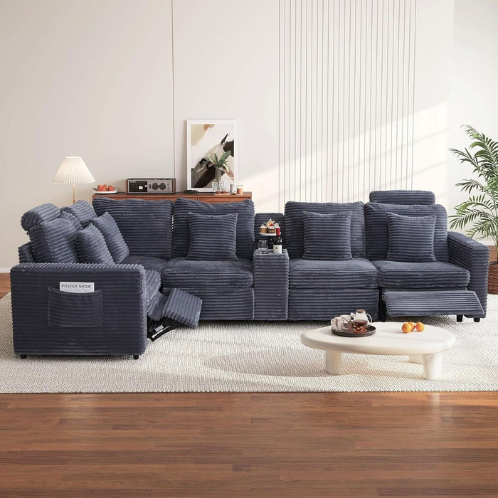 Oversized Modular Sectional Sofa with 2 Power Recliner, 5-Seater L-Shaped Corduroy Reclining Couch with Storage Console Charging Cup Holders, Fluffy Reclining Couches for Living Room,Grey