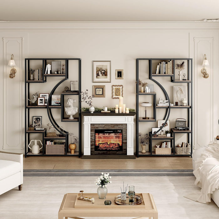 70.8" Tall Bookshelf Set of 2, 79" Wide Geometric Display Shelf with 18 Open Storage Shelves, Scratch-Resistant Gray Wash & Metal Frame, for Living Room, Office, Bedroom – Anti-Tip & Adjustable Feet