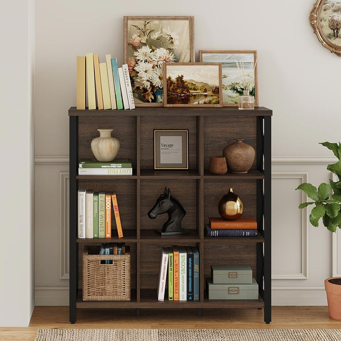 9Cube Farmhouse Bookcase Dark Walnut Wood Storage