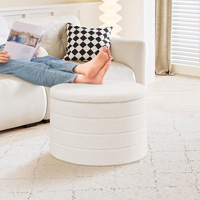 round Ottoman with Stroage, Boucle Storage, Foot Stool Foldable Coffee Table Ottoman for Living Room, Bedroom, Dorm (White)