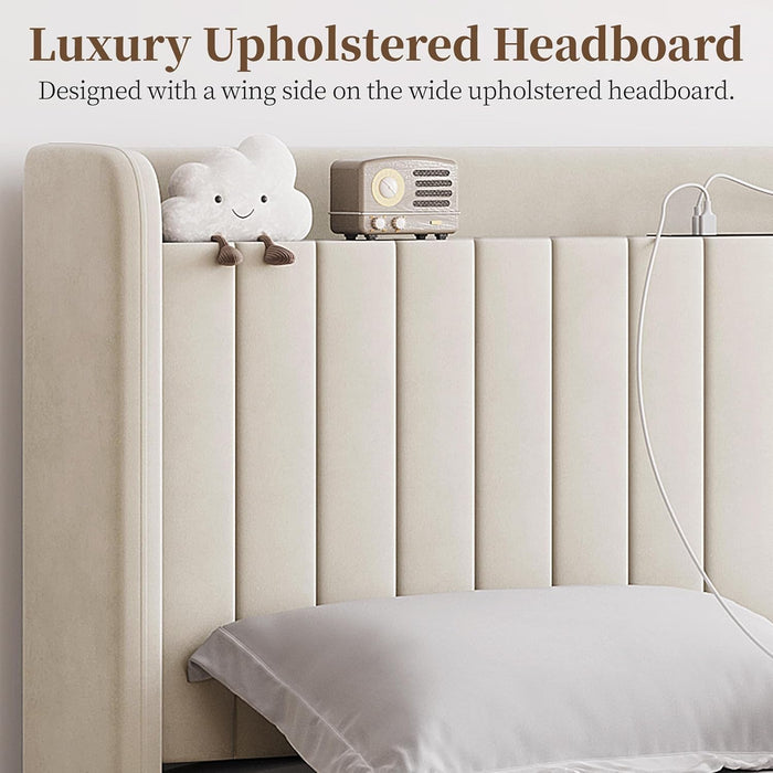 Queen Bed Frame with USB Charging Station and Storage Shelf/Upholstered Headboard Platform Bed with Wing Side/Wooden Slats Support/Noise Free/No Box Spring Needed/Easy Assembly, Cool Beige