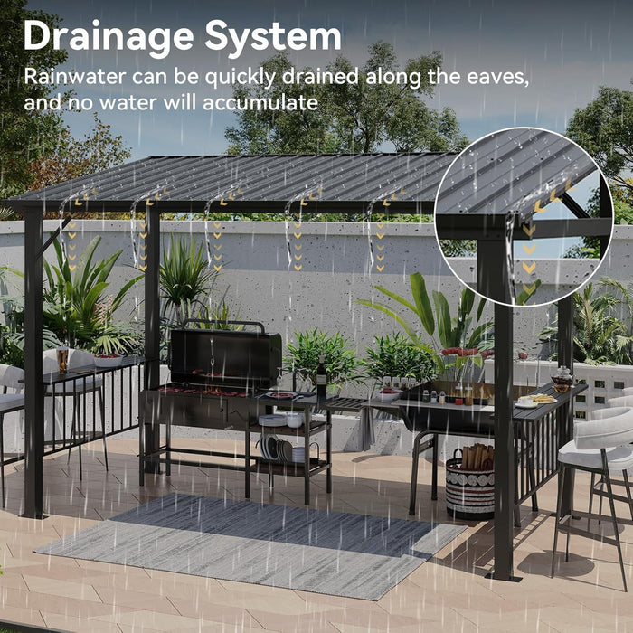 12X6Ft Hardtop Gazebo, All-Weather Outdoor BBQ Canopy with Sloping Steel Roof, Grill Gazebo with 2 Side Shelves & Hooks, Permanent Metal Gazebo for Patio, Backyard, Deck