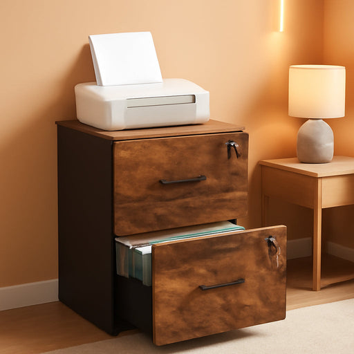 2 Drawer File Cabinet, File Cabinet with Lock, Printer Stand, Office Filing Cabinet Organizer, for A4 and Letter Size Files, Rustic Brown and Black UOFC061B01