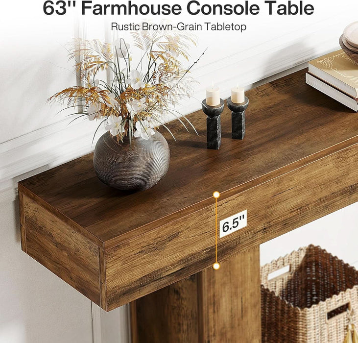 63" Console Table, Farmhouse 2-Tier Entryway Table with U-Shaped Base, Narrow Long Wood Sofa Table behind Couch Table for Living Room, Hallway, Foyer, Vintage Brown