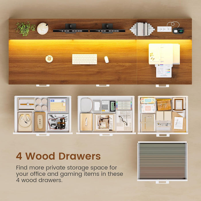 Farmhouse Home Office Desk with File Drawer & Power Outlet, Computer Desk with 4 Drawer, Storage Shelves, Printer Cabinet and Monitor Shelf, Gaming Desk with Led Lights, White Brown