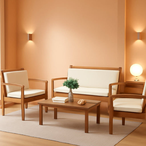 Outdoor Patio Furniture, 4 Piece Bistro Sofa Set with Coffee Table and Loveseat, Acacia Wood Conversation Sets with Cushions, for Garden, Backyard, Poolside, White