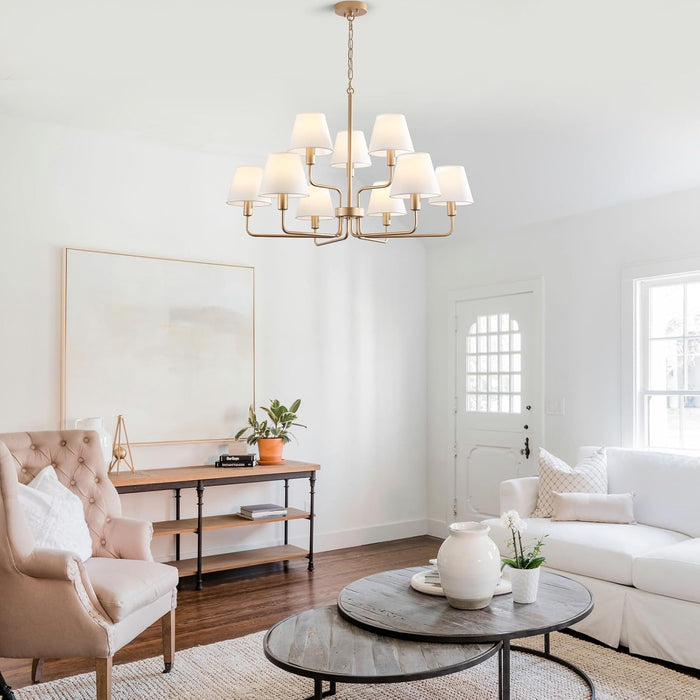 33" Gold Chandelier for Dining Room Light Fixture with White Fabric Shades, 9-Light Brass Modern Farmhouse 2 Tiered High Ceiling Lantern Chandelier Pendant Light for Foyer Entryway Living Room Kitchen