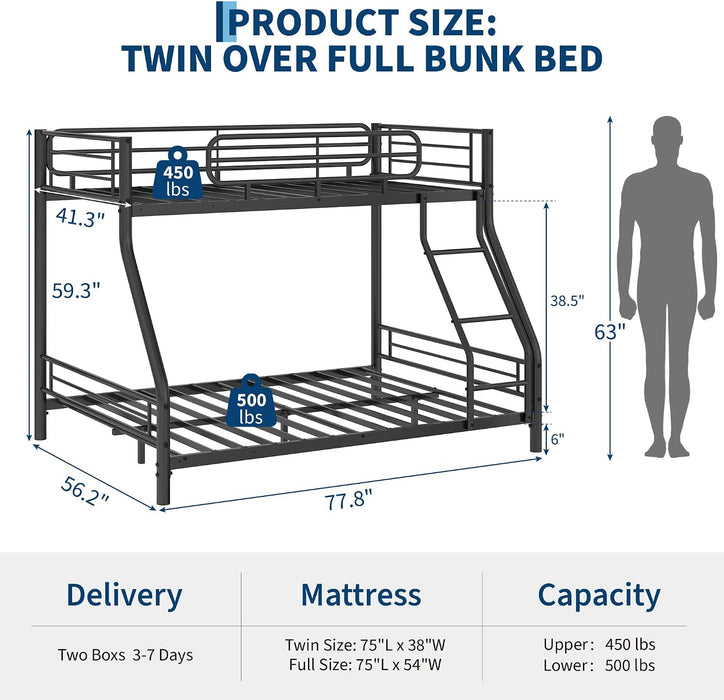 Twin over Full Bunk Bed Frame, Heavy Duty Metal Bunk Beds for Kids/Teens/Adults, 450 Lbs Upper & 500 Lbs Lower Capacity, Slot-Type Assembly, Reversible Ladder, 11.7" Safety Guardrails，Black