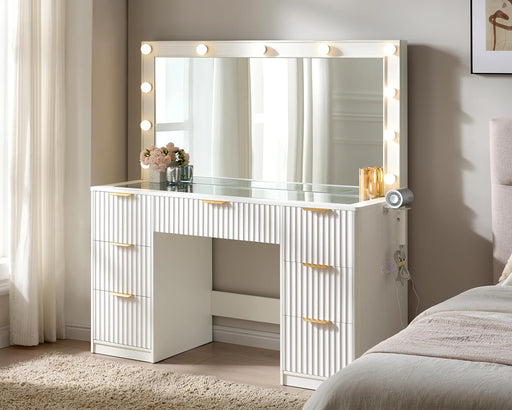 47.2" Fluted Vanity Desk with Large Mirror and Adjustable LED Lights, 7 Drawers Makeup Table with Glass Top and Charging Station for Women and Girls, Bedroom or Dorm, White